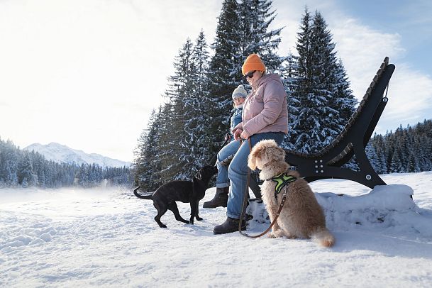 winterwandern-mit-hund-im-wildmoos-zwei-frauen-mit-hunden-sitzen-auf-holzliege-bei-ferienheim-lichtung-15